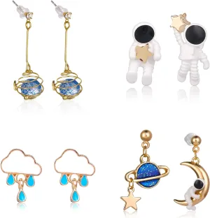 4 Pairs Astronaut Stud Earrings Asymmetric Spaceman Star Moon Earrings Planet Star Stud Dangle Earrings Cloud Rain Drop Earrings for Women