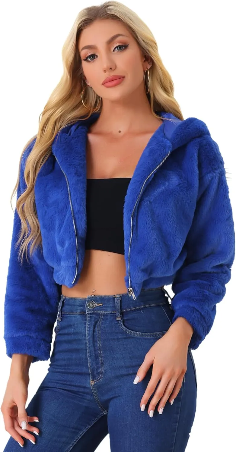 Allegra K Women's Faux Fur Coat Zip Up Casual Fuzzy Fluffy Crop Hooded Jackets