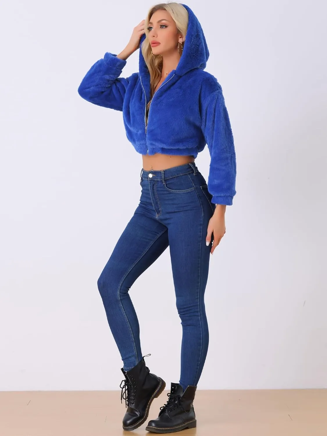Allegra K Women's Faux Fur Coat Zip Up Casual Fuzzy Fluffy Crop Hooded Jackets
