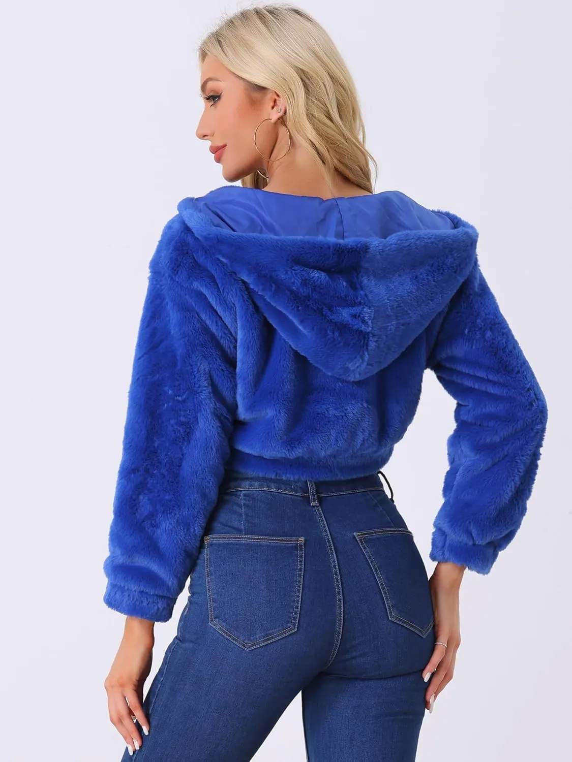 Allegra K Women's Faux Fur Coat Zip Up Casual Fuzzy Fluffy Crop Hooded Jackets