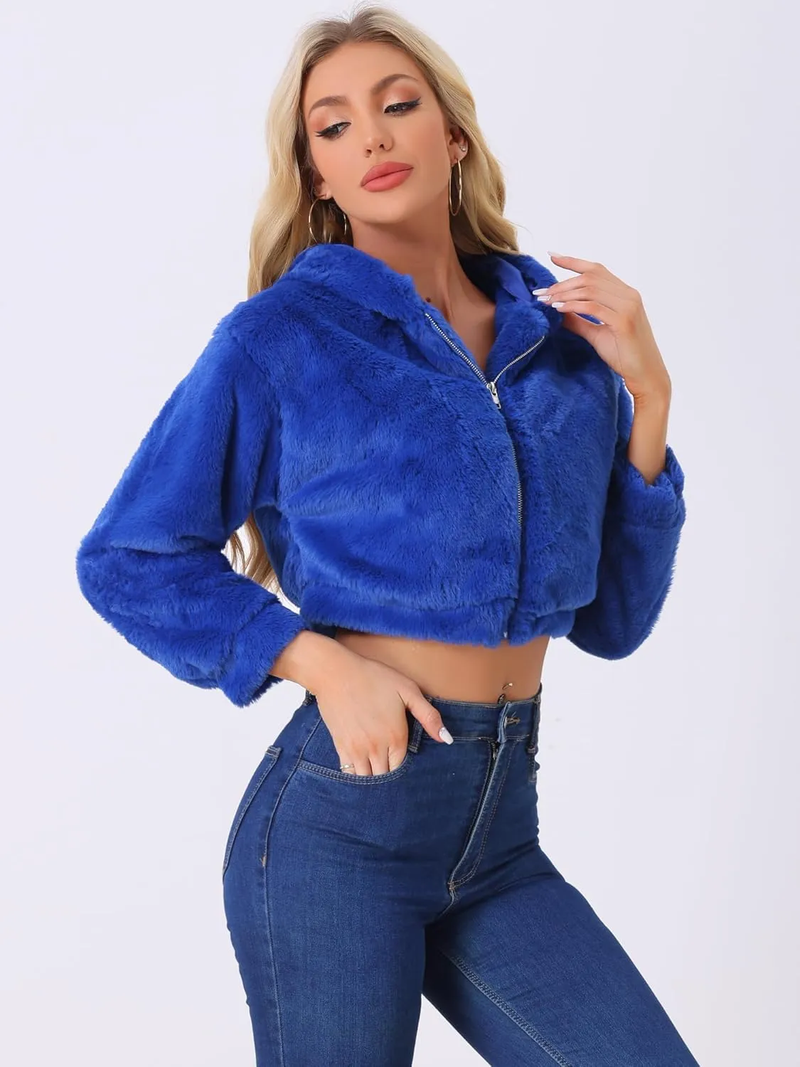 Allegra K Women's Faux Fur Coat Zip Up Casual Fuzzy Fluffy Crop Hooded Jackets