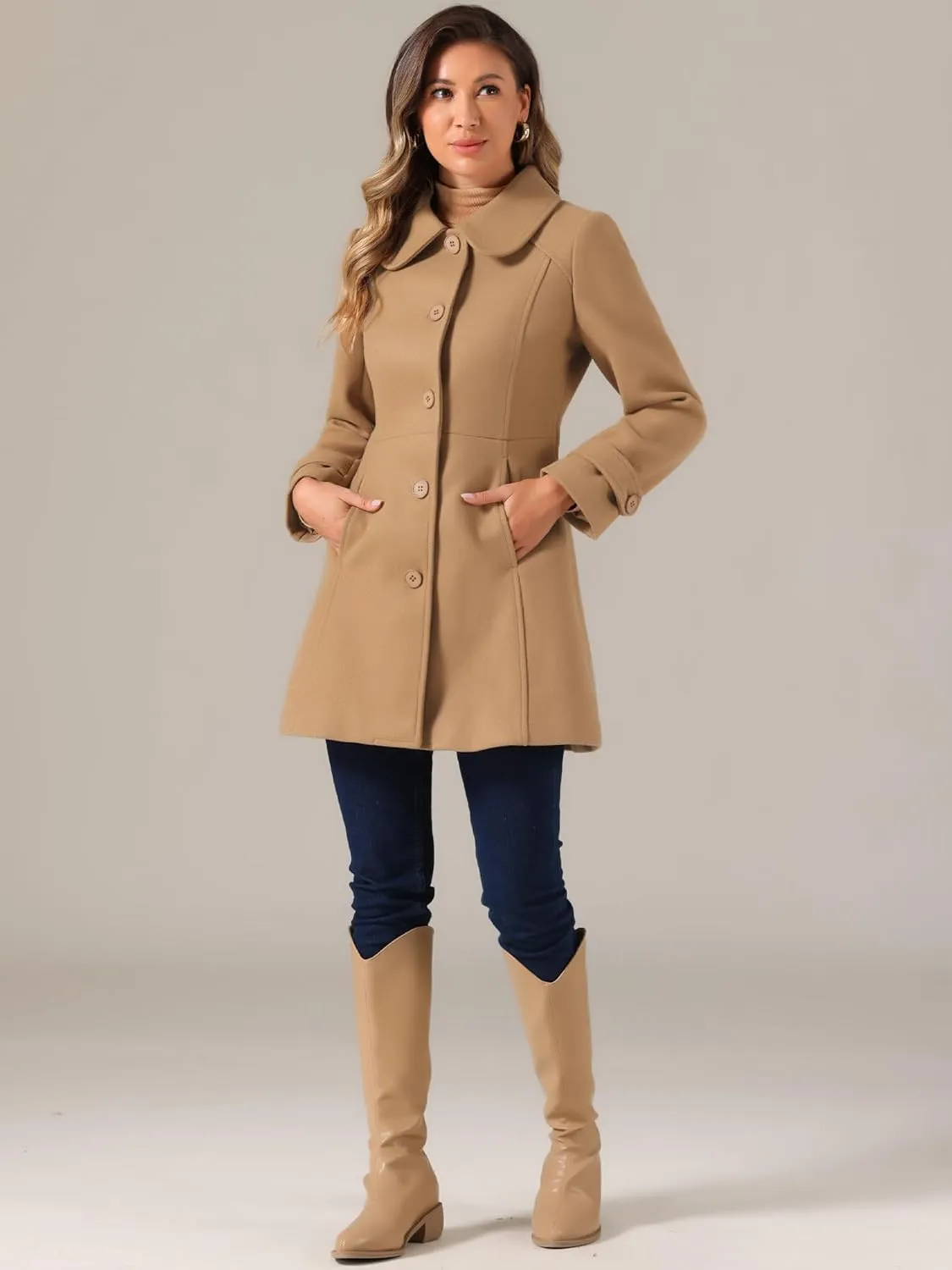 Allegra K Women's Peter Pan Collar Overcoat Winter Dressy Button Single Breasted Long Coat