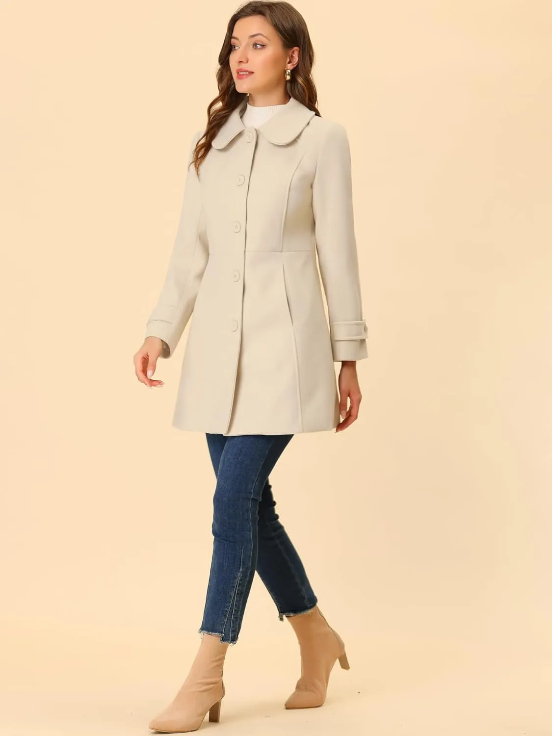 Allegra K Women's Peter Pan Collar Overcoat Winter Dressy Button Single Breasted Long Coat