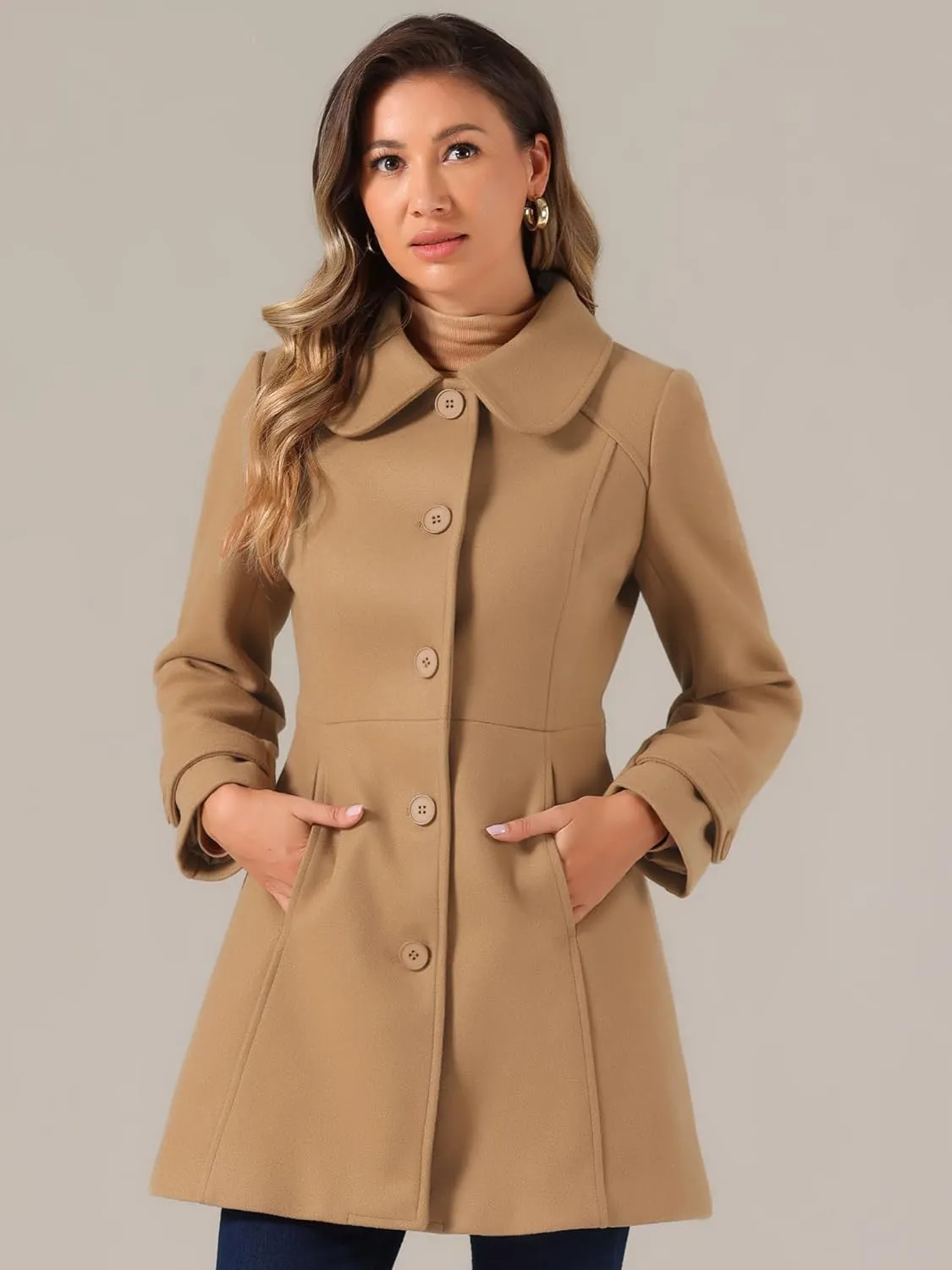 Allegra K Women's Peter Pan Collar Overcoat Winter Dressy Button Single Breasted Long Coat