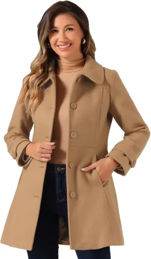 Allegra K Women's Peter Pan Collar Overcoat Winter Dressy Button Single Breasted Long Coat