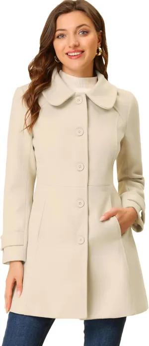 Allegra K Women's Peter Pan Collar Overcoat Winter Dressy Button Single Breasted Long Coat