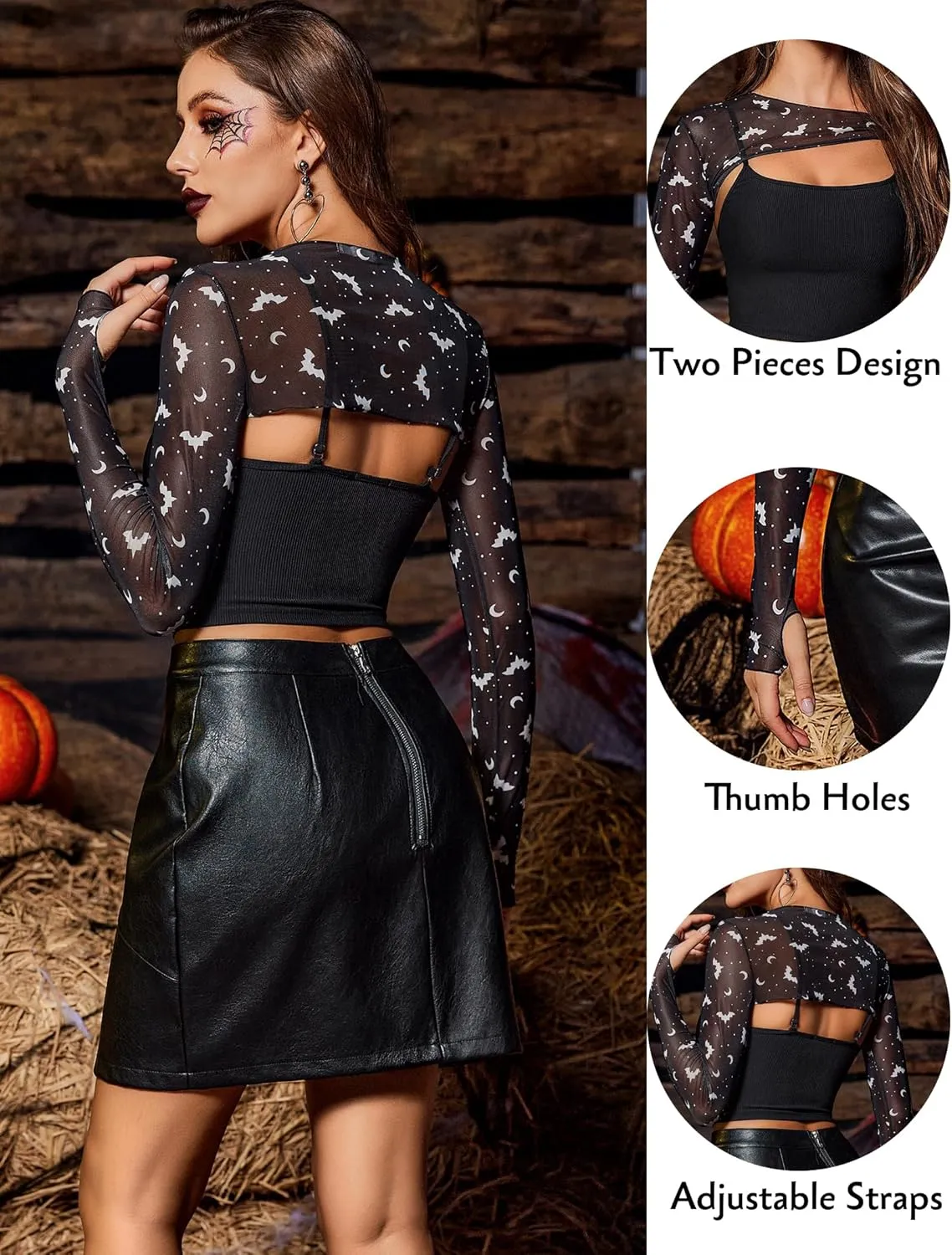 Avidlove Women Sexy Long Sleeve Mesh Crop Top Solid Cover Up with Spaghetti Strap Cami Top 2 Pieces Clubwear with Thumb Holes