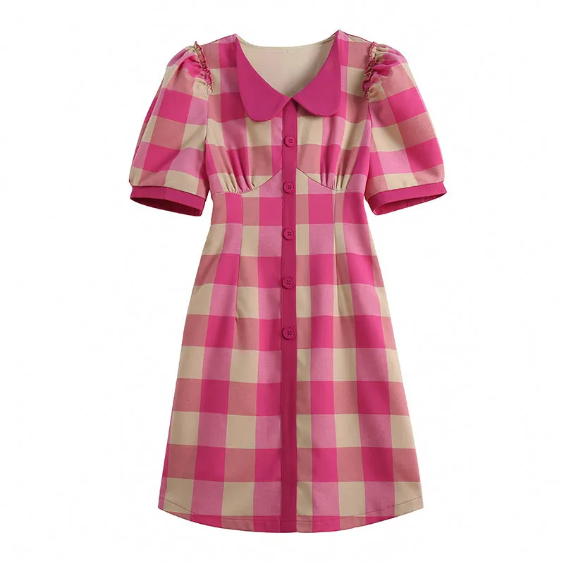 Baby Doll Collar Waisted Plaid Dress
