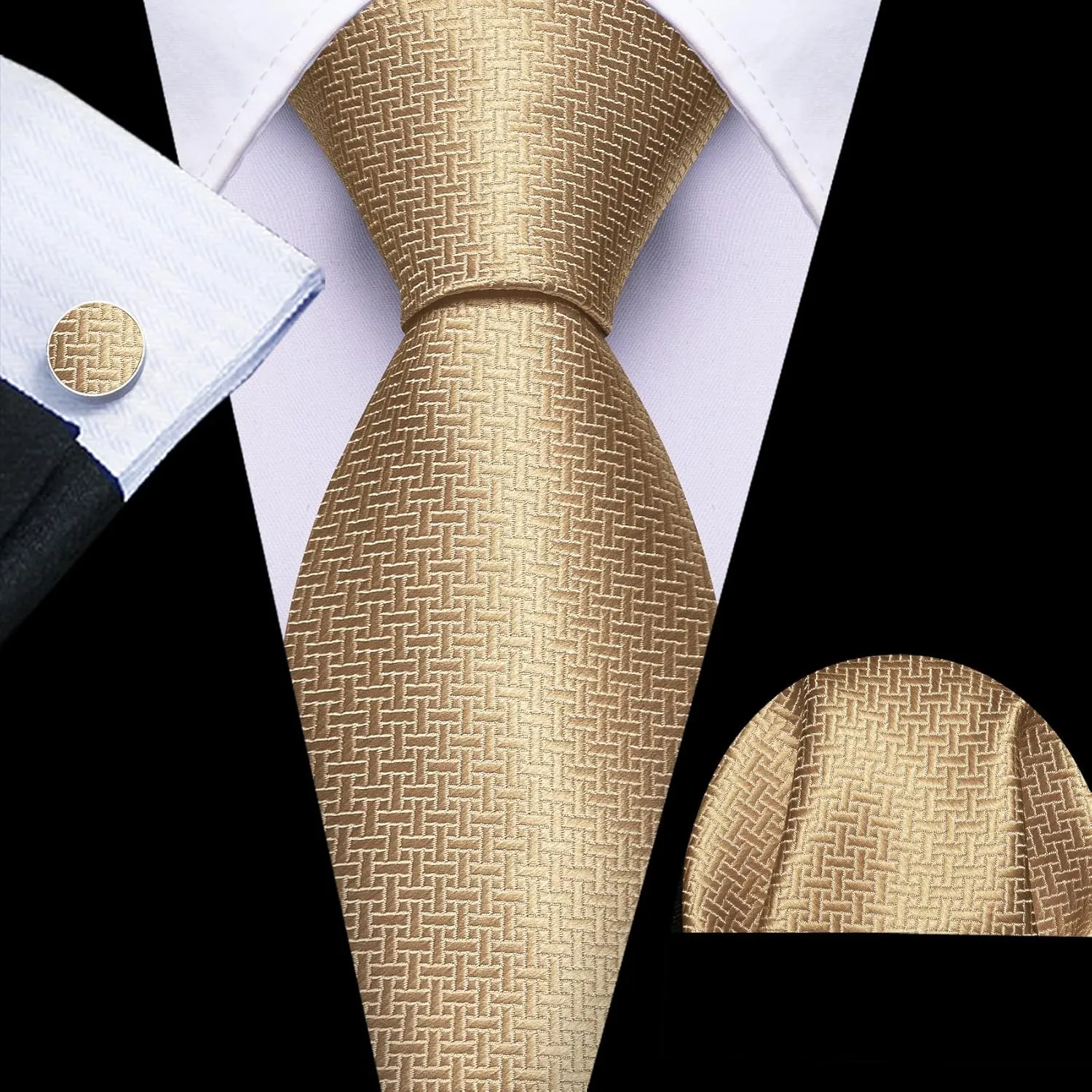 Barry.Wang Stripe Men Ties Set Classic WOVEN Necktie with Handkerchief Cufflinks Formal