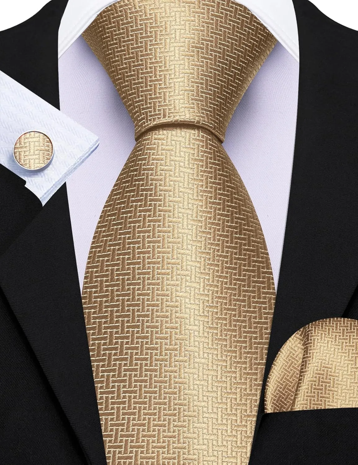 Barry.Wang Stripe Men Ties Set Classic WOVEN Necktie with Handkerchief Cufflinks Formal