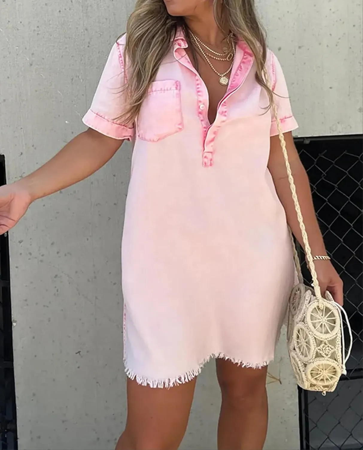cffvdiz Denim Shirt Dress for Women Short Sleeve Distressed Fringe Hem Short Jean Shirt Dress