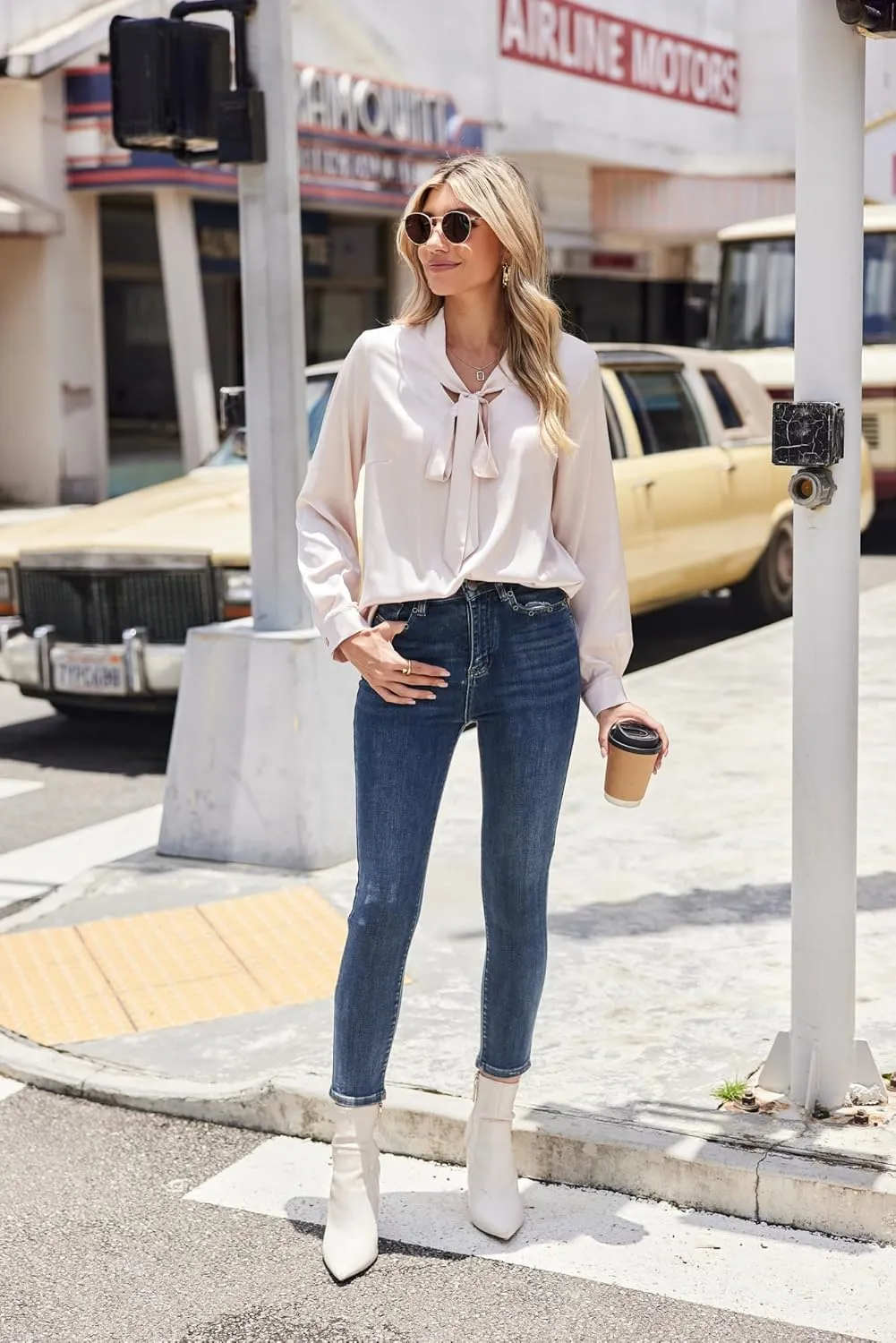Chigant Blouses for Women Satin Silk Tops Long Sleeve Bow Tie Neck Shirt Office Work Clothes