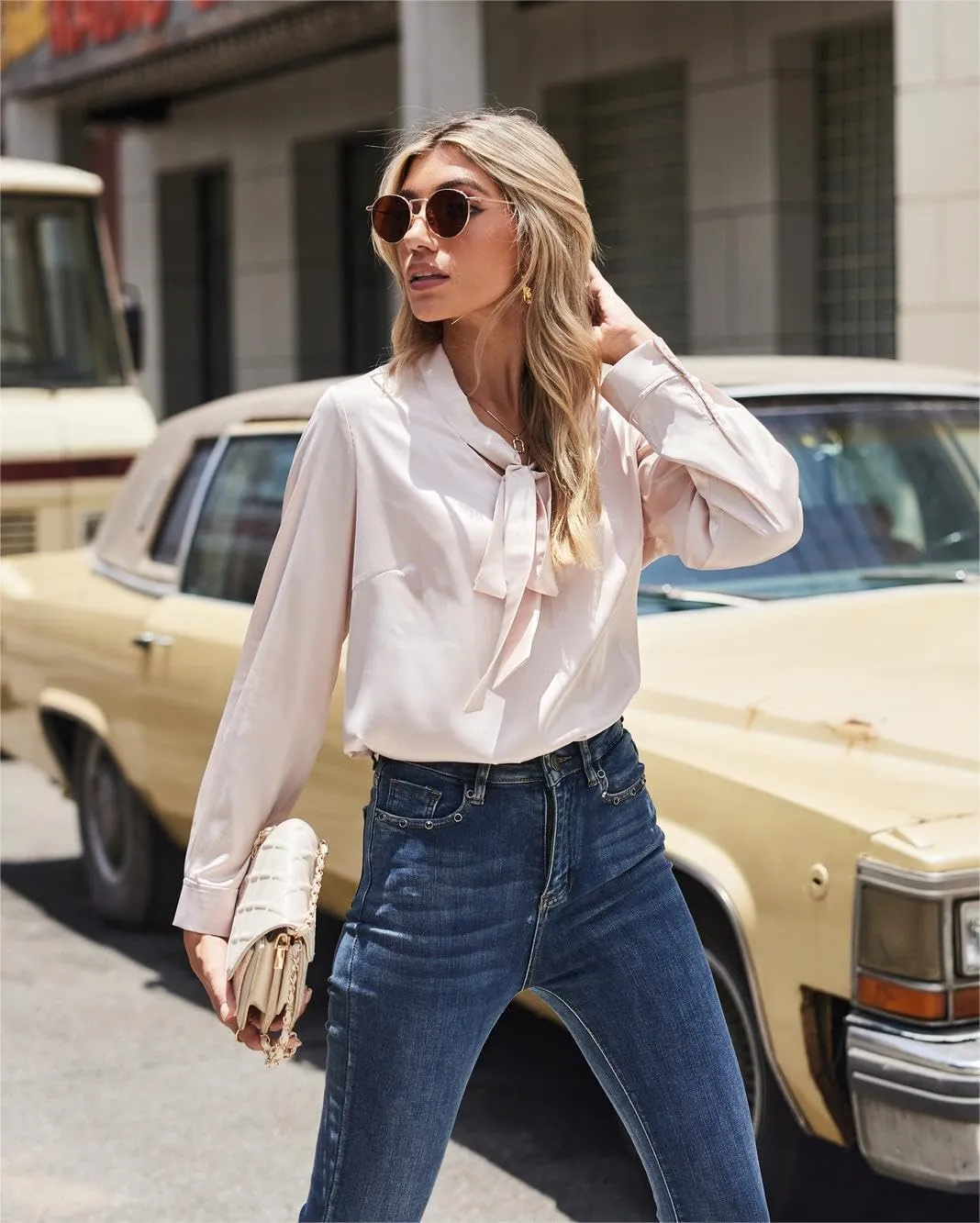 Chigant Blouses for Women Satin Silk Tops Long Sleeve Bow Tie Neck Shirt Office Work Clothes