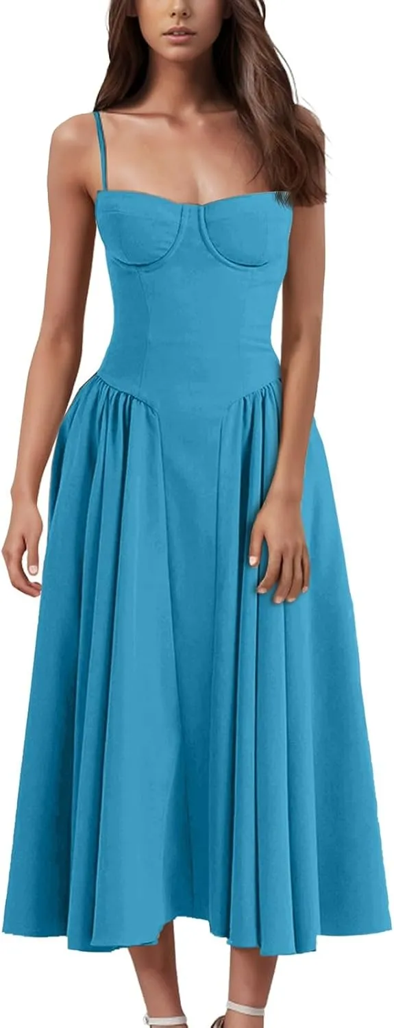 Corset Dress for Women Formal Elegant Spaghetti Strap Bustier Dress Floral Pleated Hem Cocktail Dress with Pockets