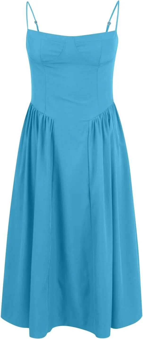 Corset Dress for Women Formal Elegant Spaghetti Strap Bustier Dress Floral Pleated Hem Cocktail Dress with Pockets