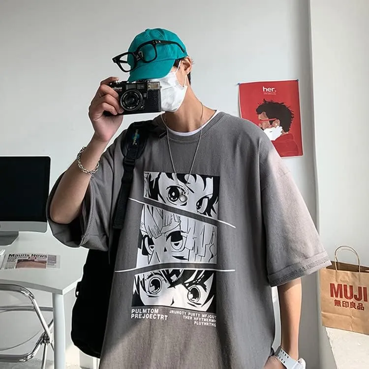 CYee Men Dark Academia Anime Graphic T-Shirts Grunge Short Sleeve Oversized Streetwear Preppy Cyberpunk Techwear