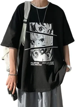 CYee Men Dark Academia Anime Graphic T-Shirts Grunge Short Sleeve Oversized Streetwear Preppy Cyberpunk Techwear