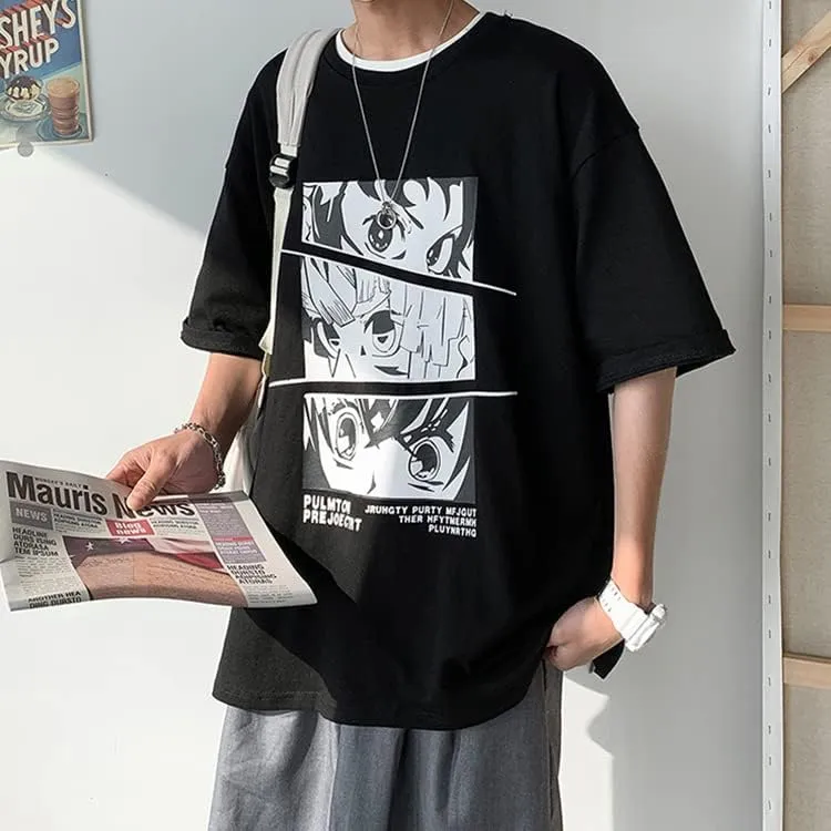CYee Men Dark Academia Anime Graphic T-Shirts Grunge Short Sleeve Oversized Streetwear Preppy Cyberpunk Techwear