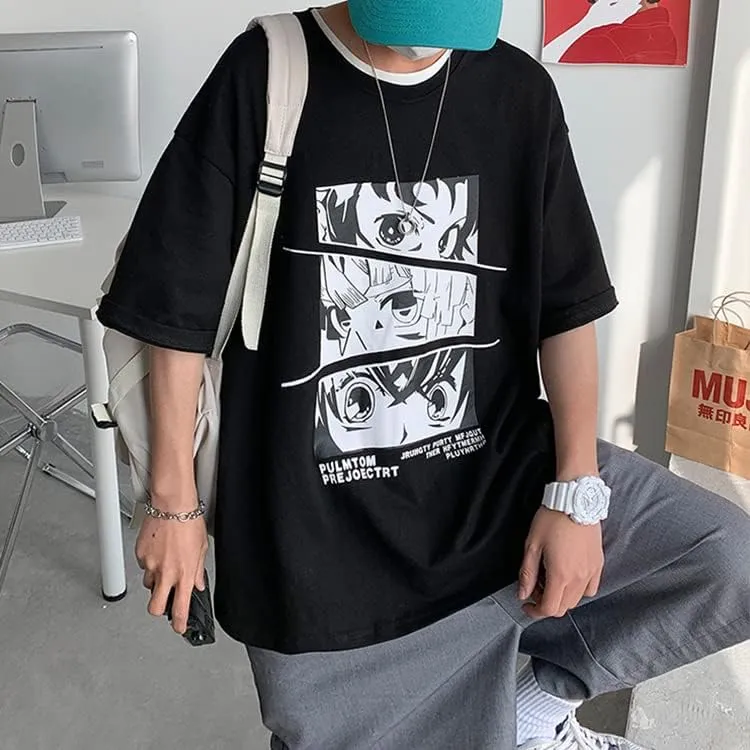 CYee Men Dark Academia Anime Graphic T-Shirts Grunge Short Sleeve Oversized Streetwear Preppy Cyberpunk Techwear