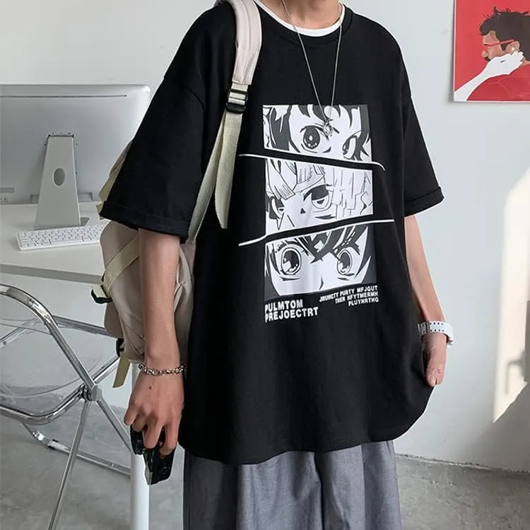 CYee Men Dark Academia Anime Graphic T-Shirts Grunge Short Sleeve Oversized Streetwear Preppy Cyberpunk Techwear