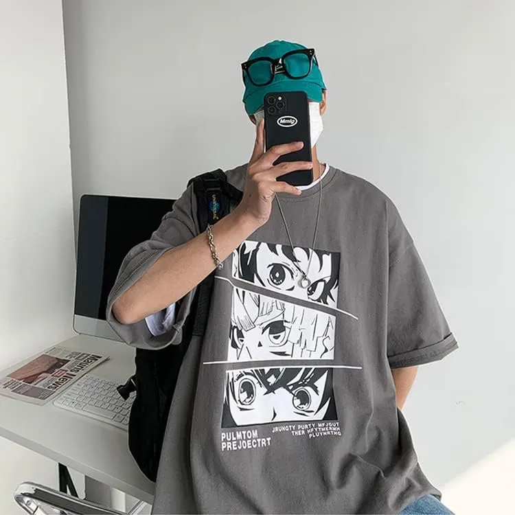 CYee Men Dark Academia Anime Graphic T-Shirts Grunge Short Sleeve Oversized Streetwear Preppy Cyberpunk Techwear