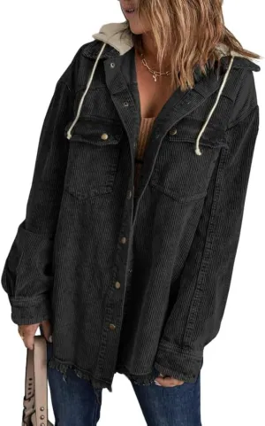 Dokotoo Womens 2024 Fall Corduroy Shacket Jacket Long Sleeve Button Down Color Block Hooded Coat with Pockets