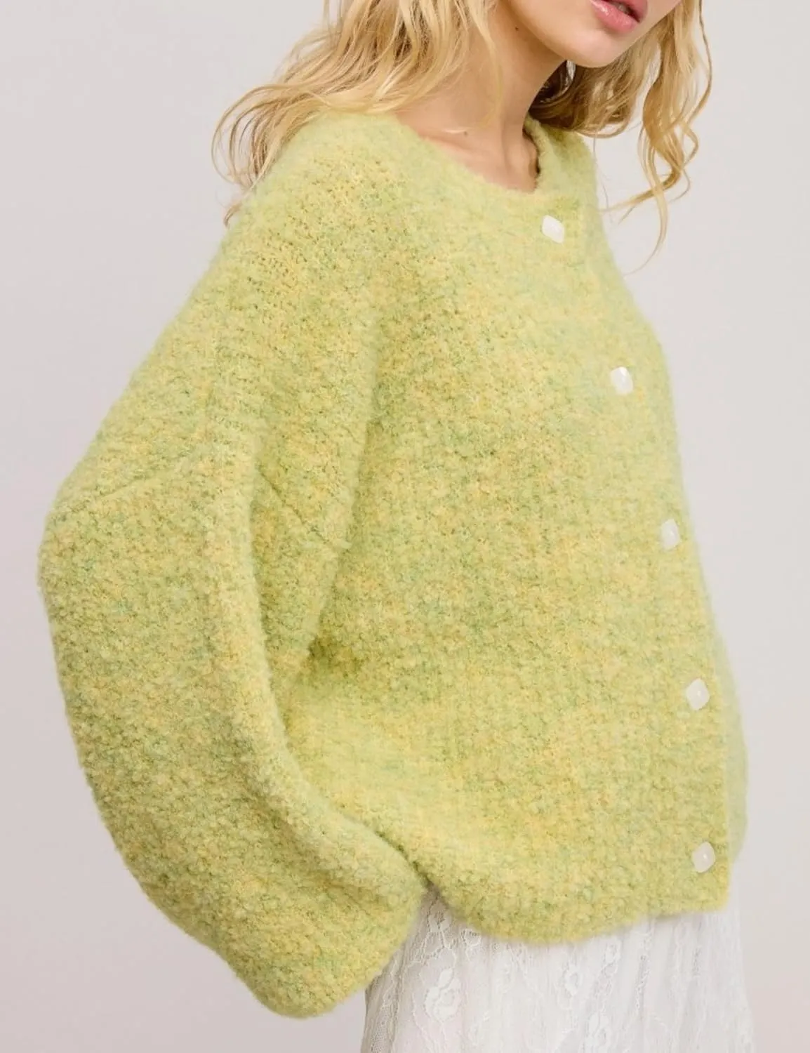 Esmeling Women's Balloon Sleeve Cardigan Sweater Crew Neck Button Down Confetti Fuzzy Knit Outerwear