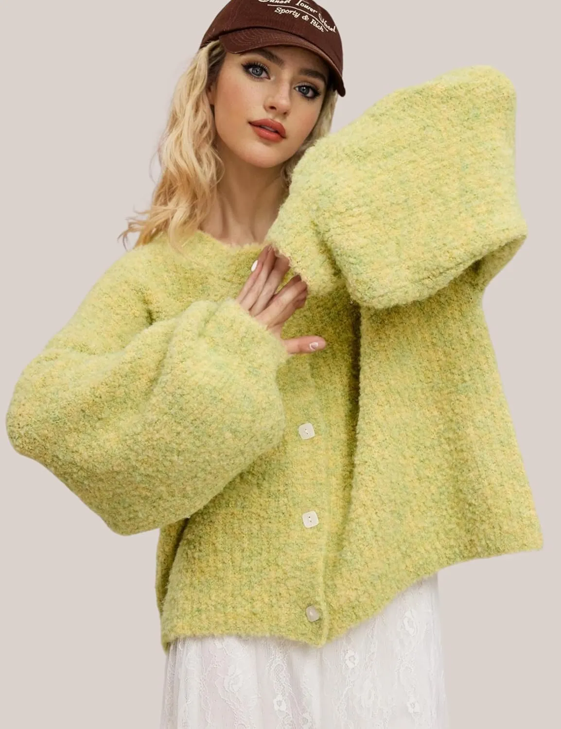 Esmeling Women's Balloon Sleeve Cardigan Sweater Crew Neck Button Down Confetti Fuzzy Knit Outerwear