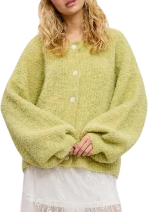Esmeling Women's Balloon Sleeve Cardigan Sweater Crew Neck Button Down Confetti Fuzzy Knit Outerwear