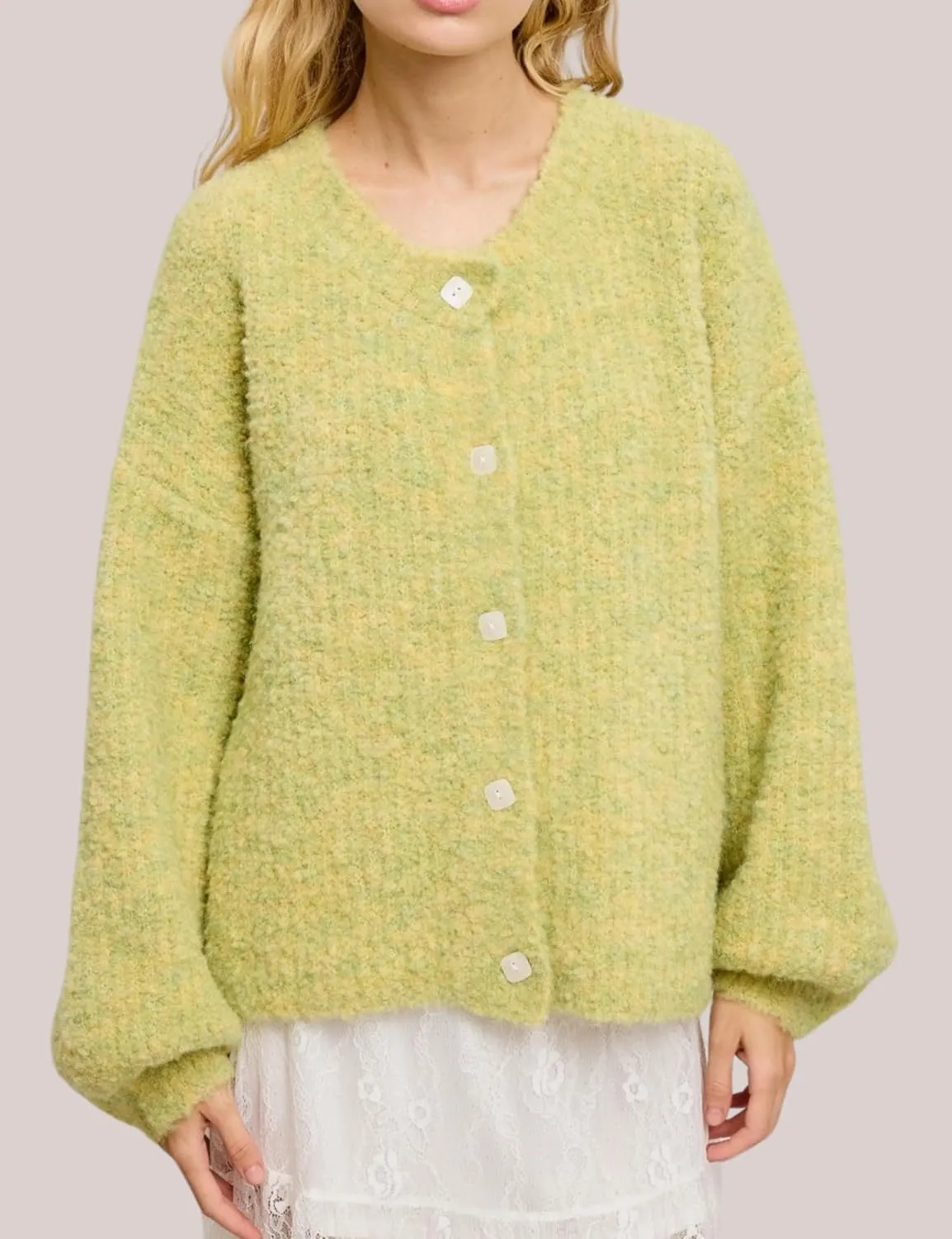 Esmeling Women's Balloon Sleeve Cardigan Sweater Crew Neck Button Down Confetti Fuzzy Knit Outerwear