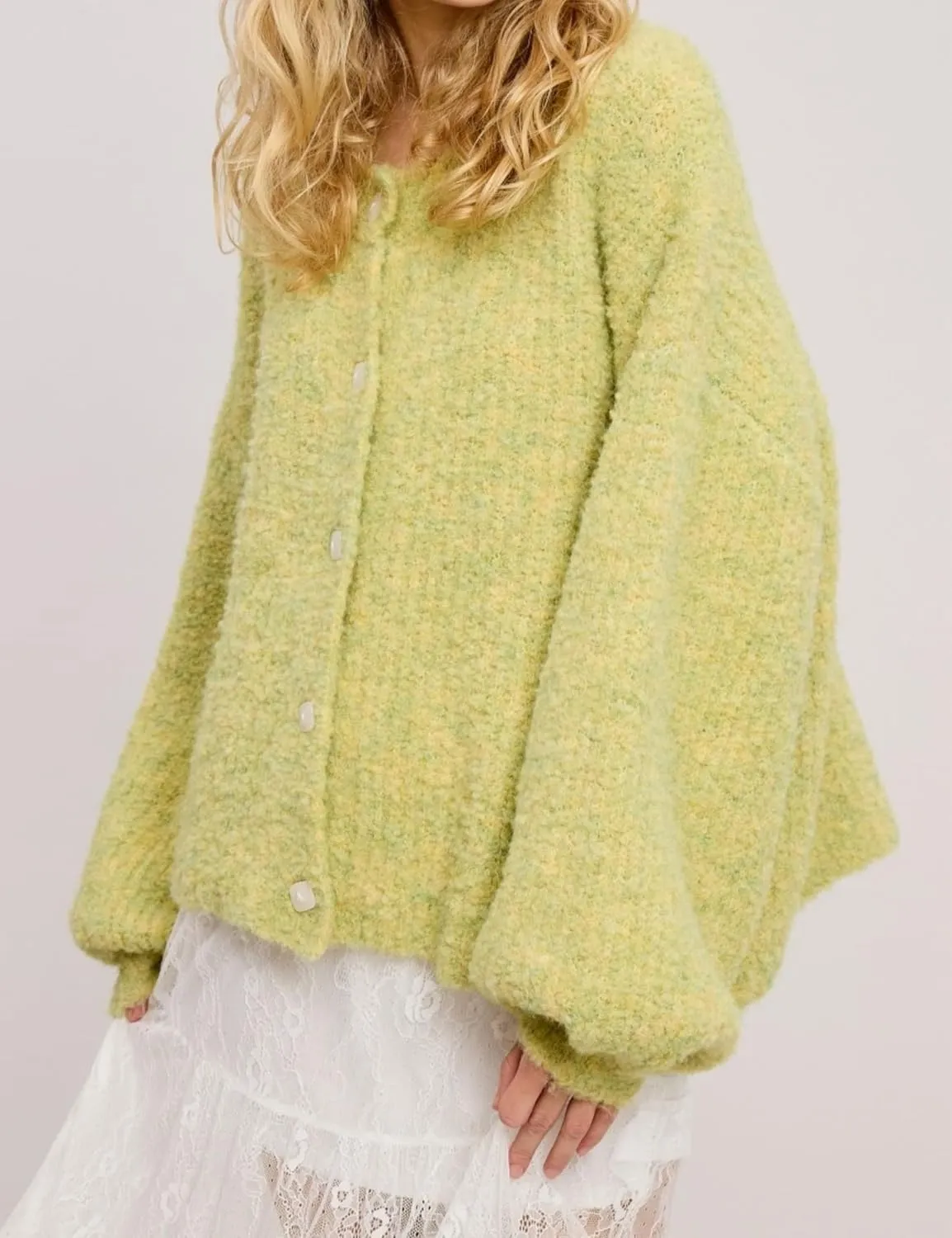 Esmeling Women's Balloon Sleeve Cardigan Sweater Crew Neck Button Down Confetti Fuzzy Knit Outerwear