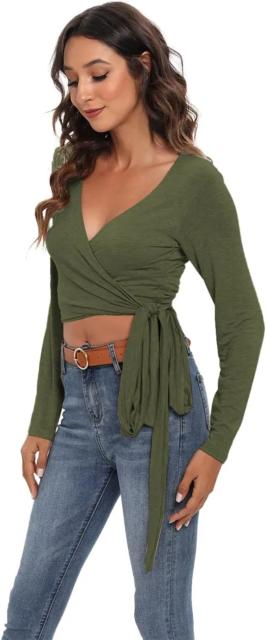 Famulily Women's Sexy Deep V Neck Bandage Surplice Wrap Crop Top