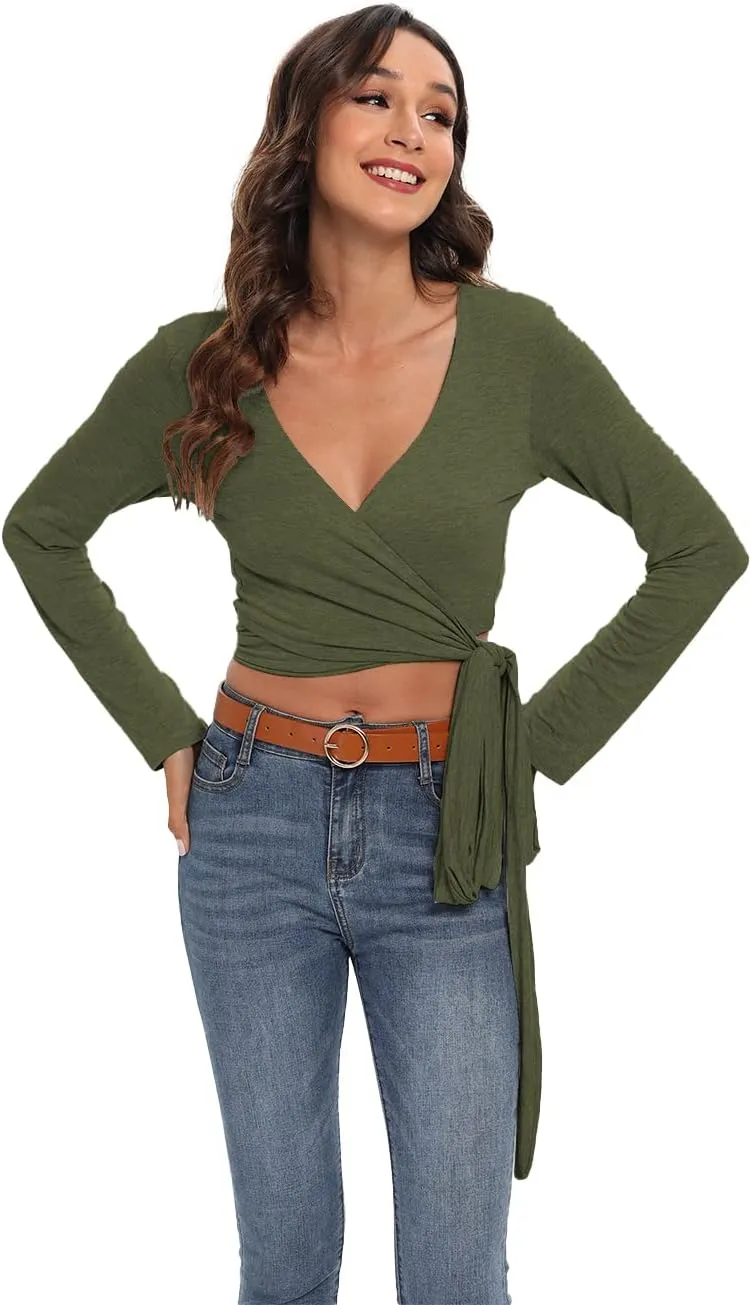 Famulily Women's Sexy Deep V Neck Bandage Surplice Wrap Crop Top