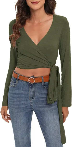 Famulily Women's Sexy Deep V Neck Bandage Surplice Wrap Crop Top