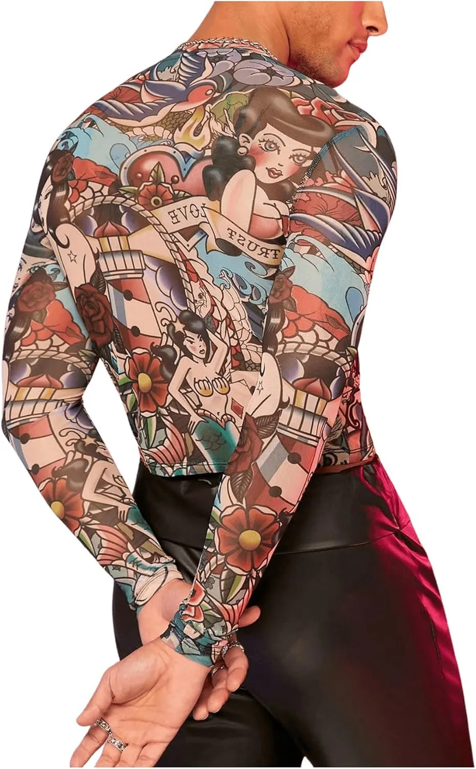 Floerns Men's Cartoon Print Long Sleeve T Shirt Nightclub Sheer Mesh Crop Tops