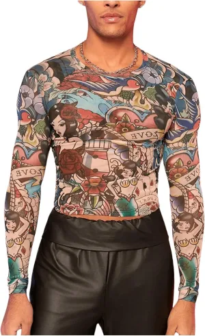 Floerns Men's Cartoon Print Long Sleeve T Shirt Nightclub Sheer Mesh Crop Tops