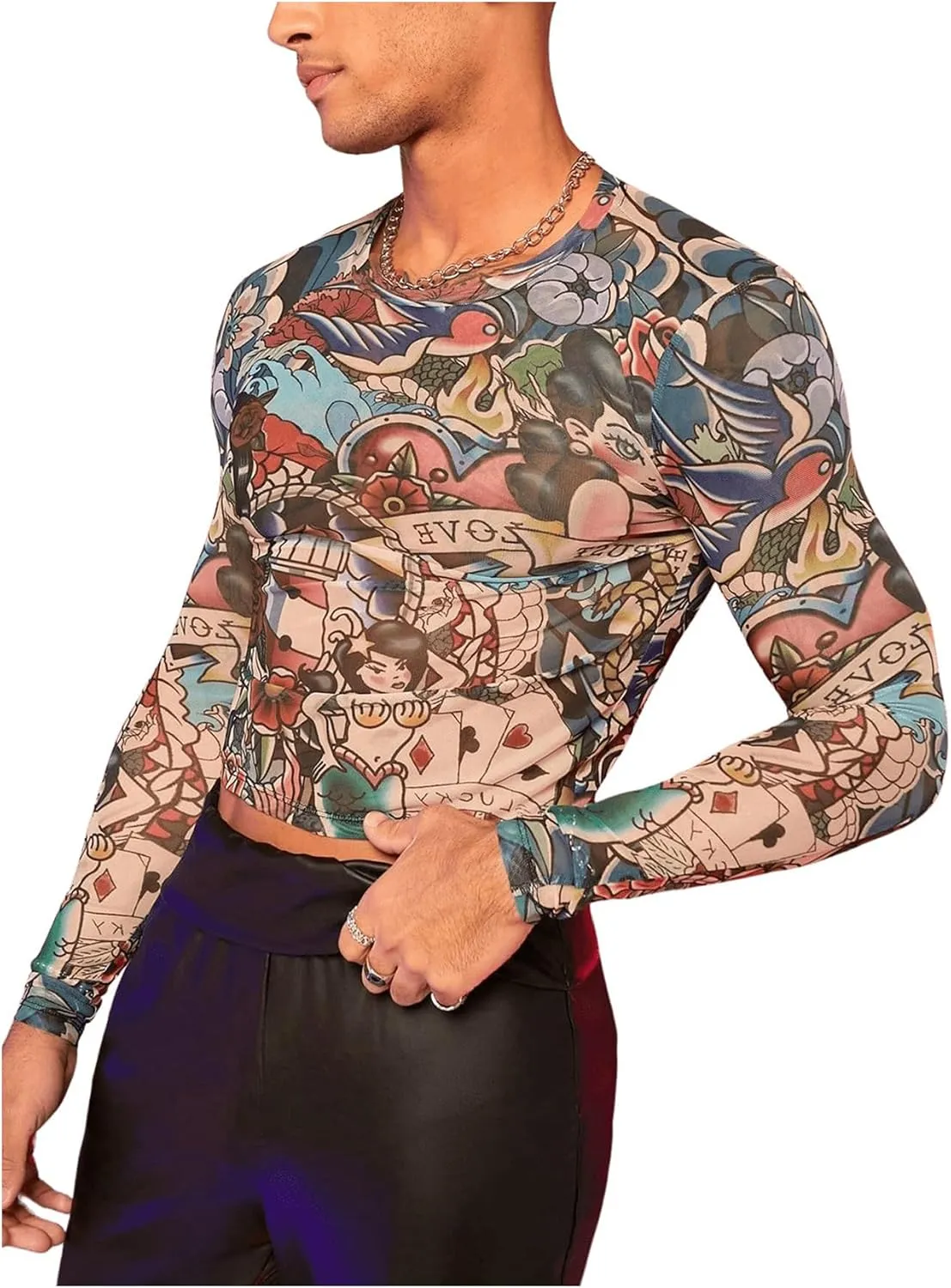 Floerns Men's Cartoon Print Long Sleeve T Shirt Nightclub Sheer Mesh Crop Tops