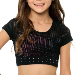 Girls Short Sleeve Mesh Crop Top with Sparkling Rhinestones - Breathable Dance Style Mesh Top for Girls Age 7-14