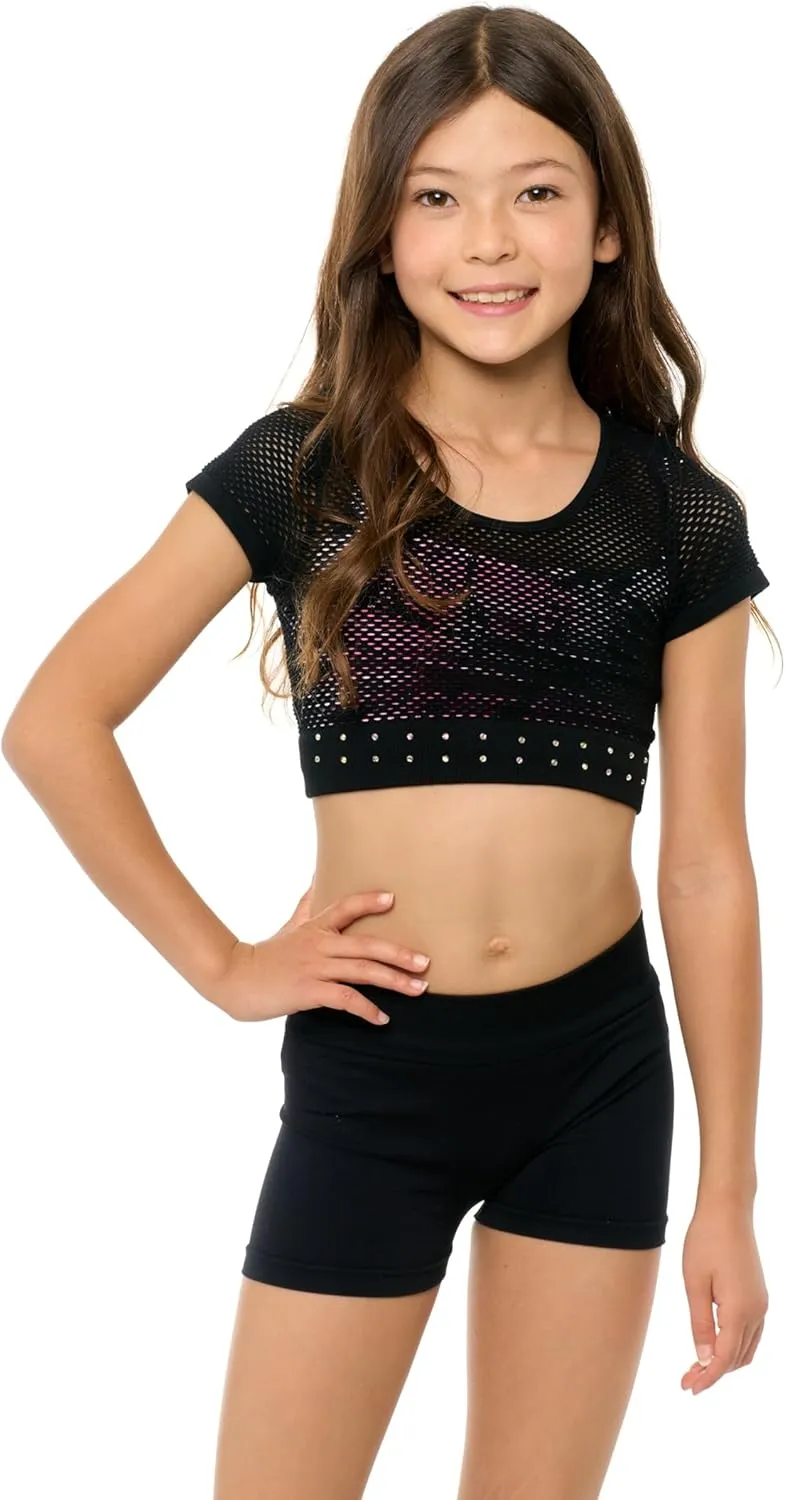 Girls Short Sleeve Mesh Crop Top with Sparkling Rhinestones - Breathable Dance Style Mesh Top for Girls Age 7-14