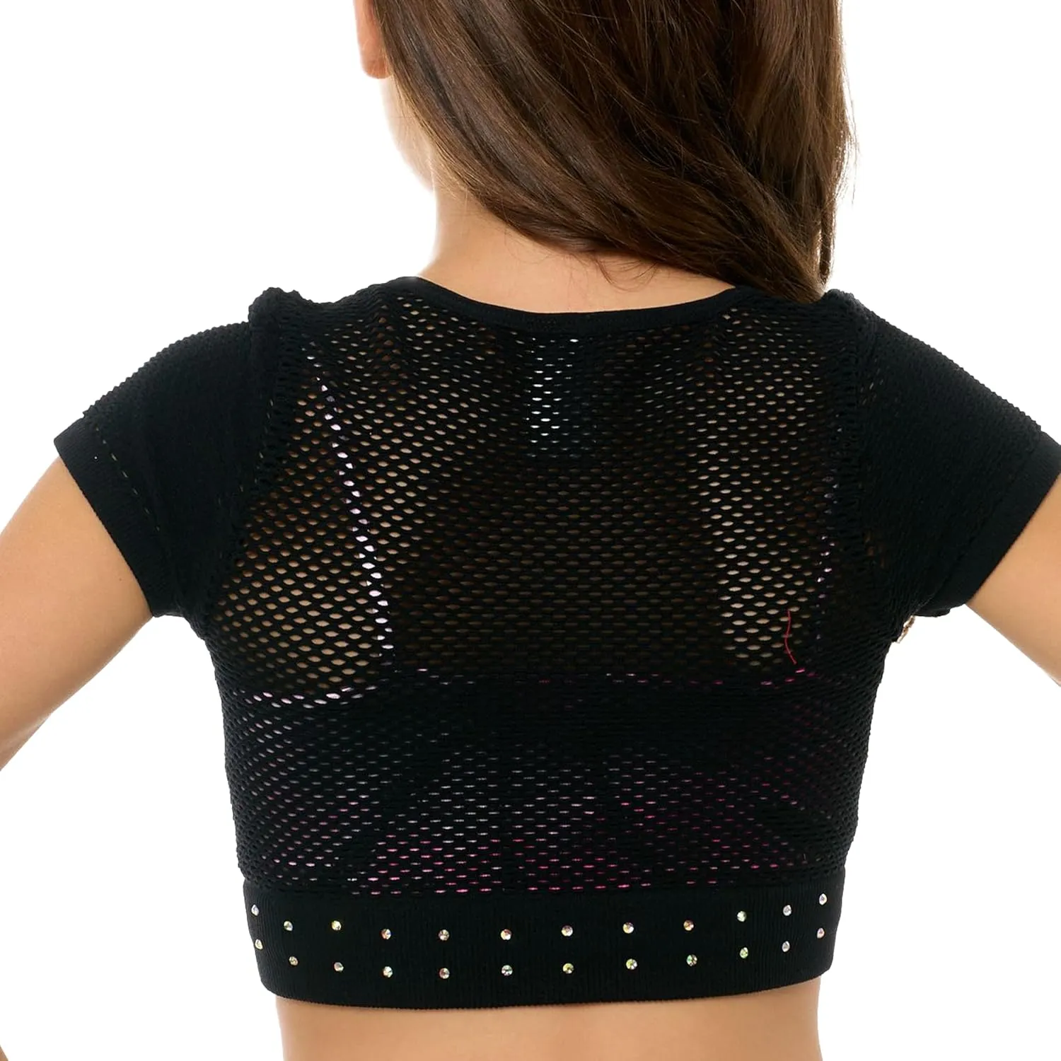 Girls Short Sleeve Mesh Crop Top with Sparkling Rhinestones - Breathable Dance Style Mesh Top for Girls Age 7-14
