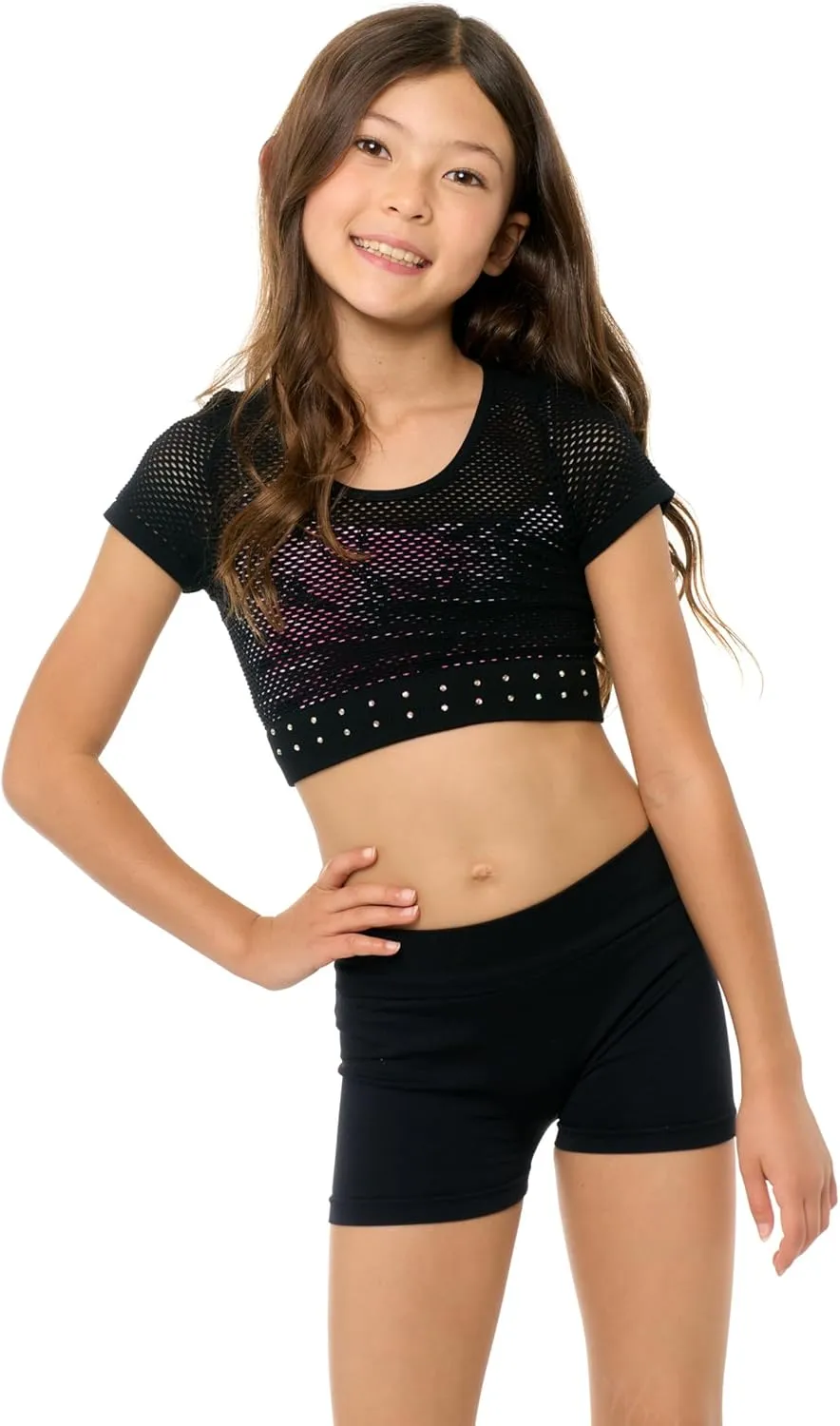 Girls Short Sleeve Mesh Crop Top with Sparkling Rhinestones - Breathable Dance Style Mesh Top for Girls Age 7-14