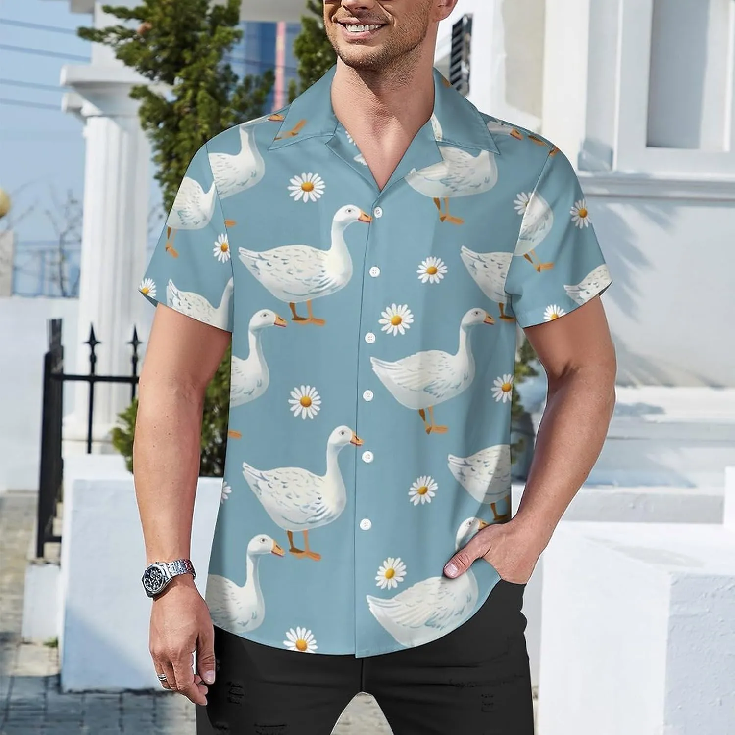 Goose Print Men's Hawaiian Shirt Cuban Collar Shirt Short Sleeve Button Down Tops Beach T Shirts