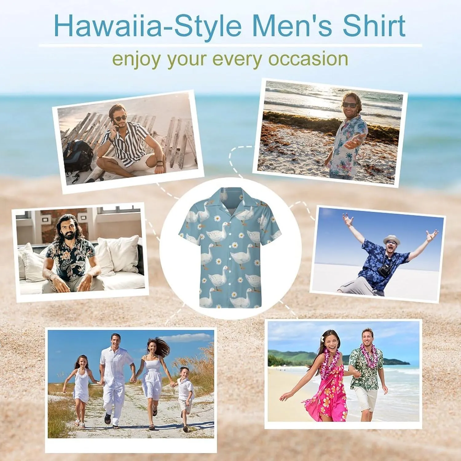 Goose Print Men's Hawaiian Shirt Cuban Collar Shirt Short Sleeve Button Down Tops Beach T Shirts