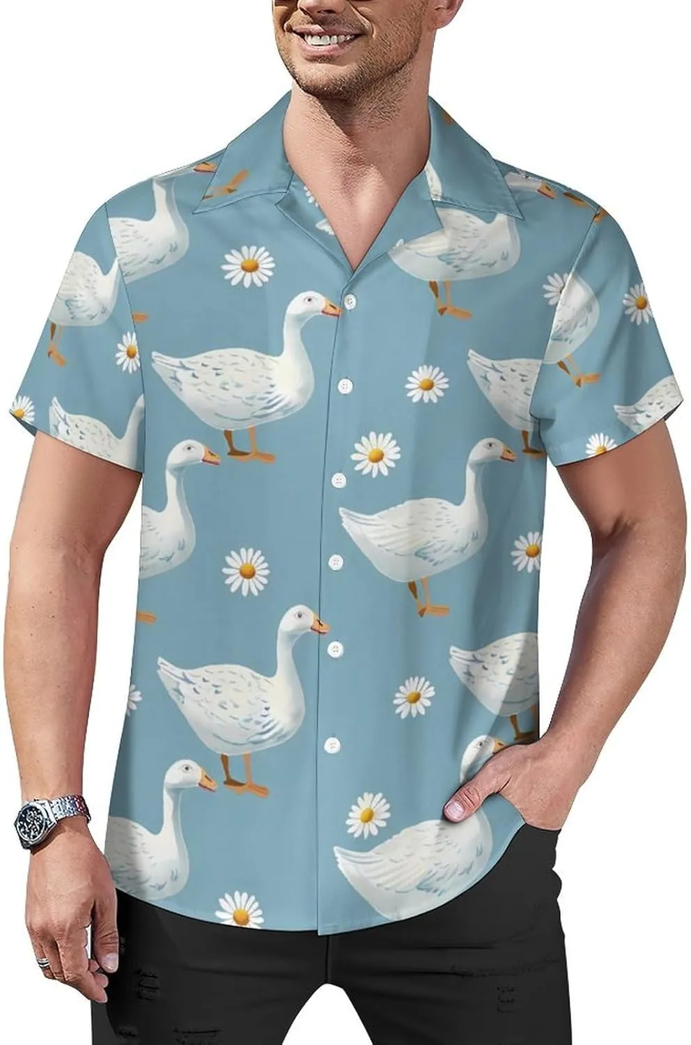Goose Print Men's Hawaiian Shirt Cuban Collar Shirt Short Sleeve Button Down Tops Beach T Shirts
