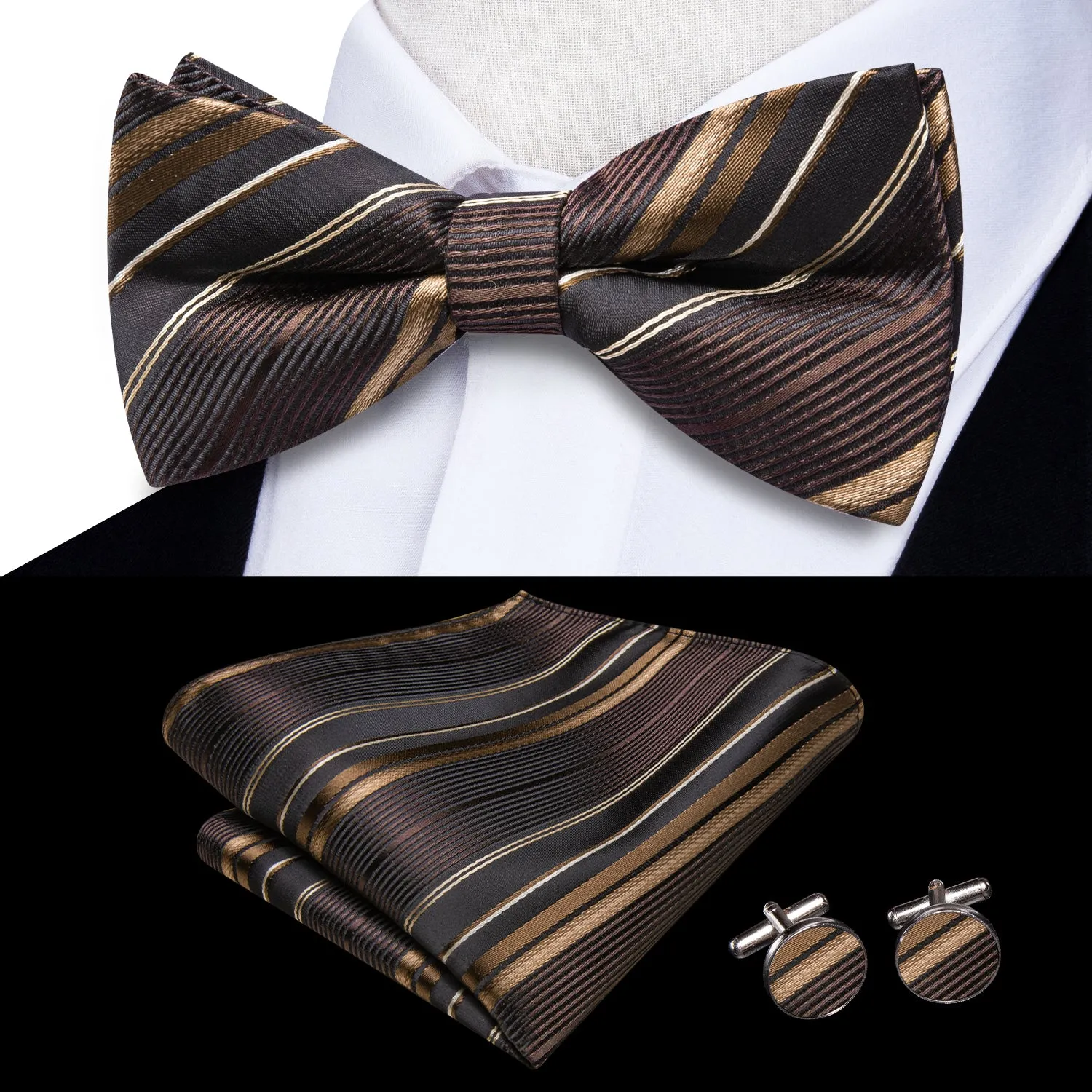 Hi-Tie Brown Striped Pre-tied Bow Tie Hanky Cufflinks Set