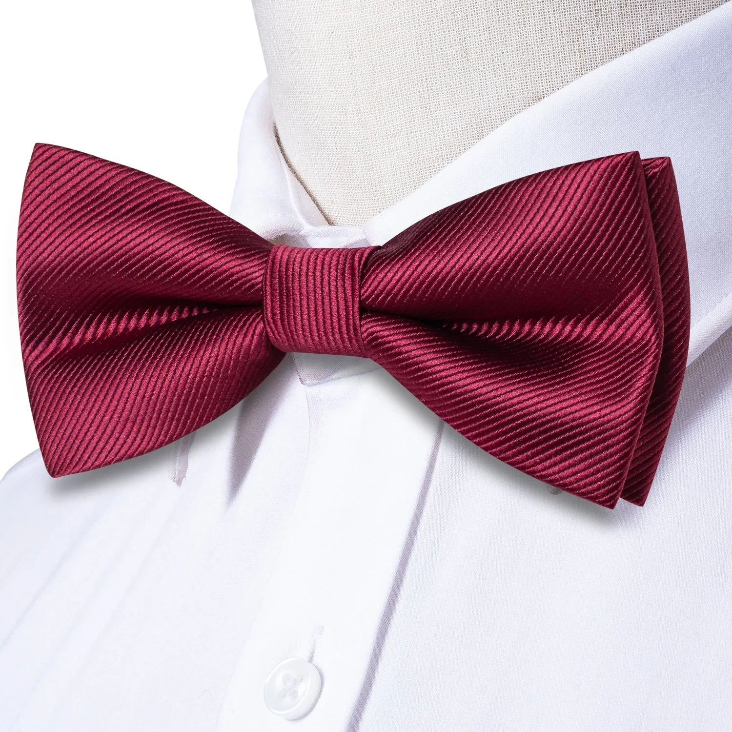 Hi-Tie Burgundy Red Striped Pre-tied Mens Bow Tie Hanky Cufflinks Set