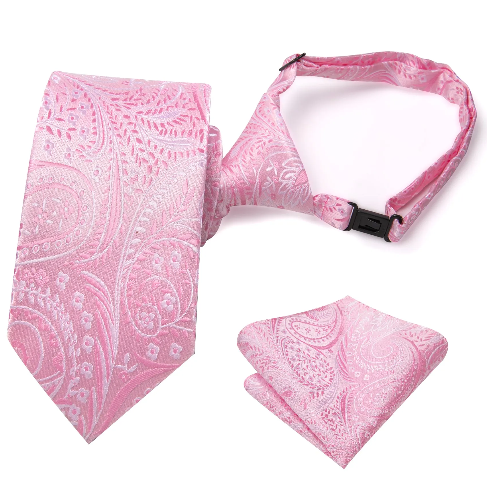 Hi-Tie Pink Necktie Paisley Boys Pre-tied Adjustable Tie Pocket Square