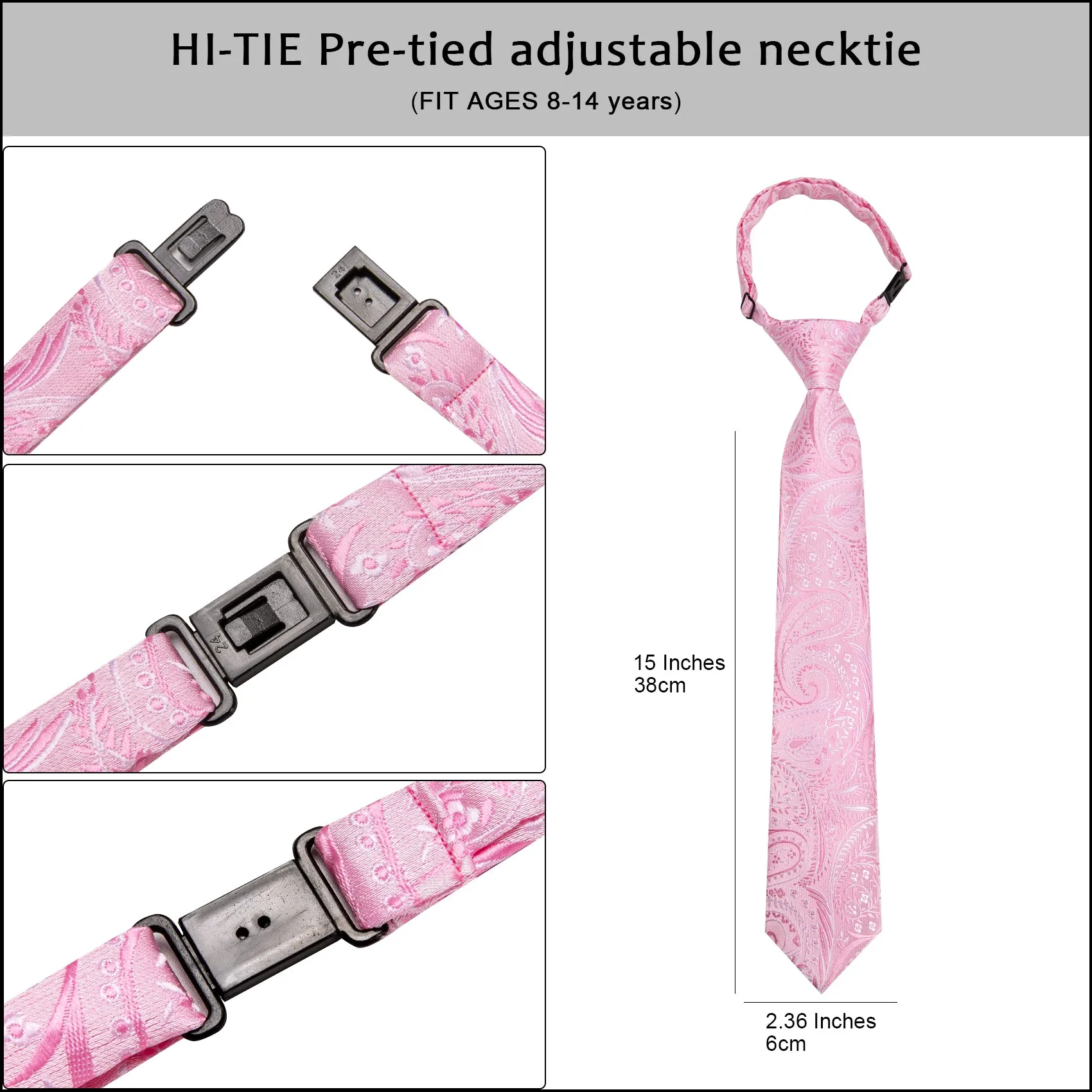 Hi-Tie Pink Necktie Paisley Boys Pre-tied Adjustable Tie Pocket Square