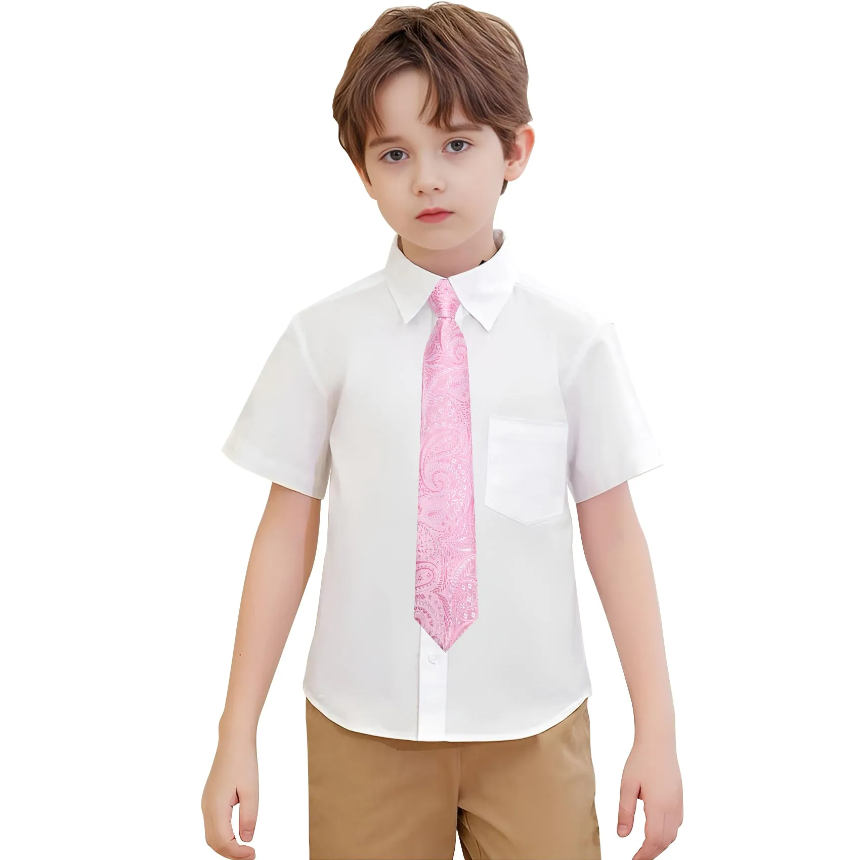 Hi-Tie Pink Necktie Paisley Boys Pre-tied Adjustable Tie Pocket Square