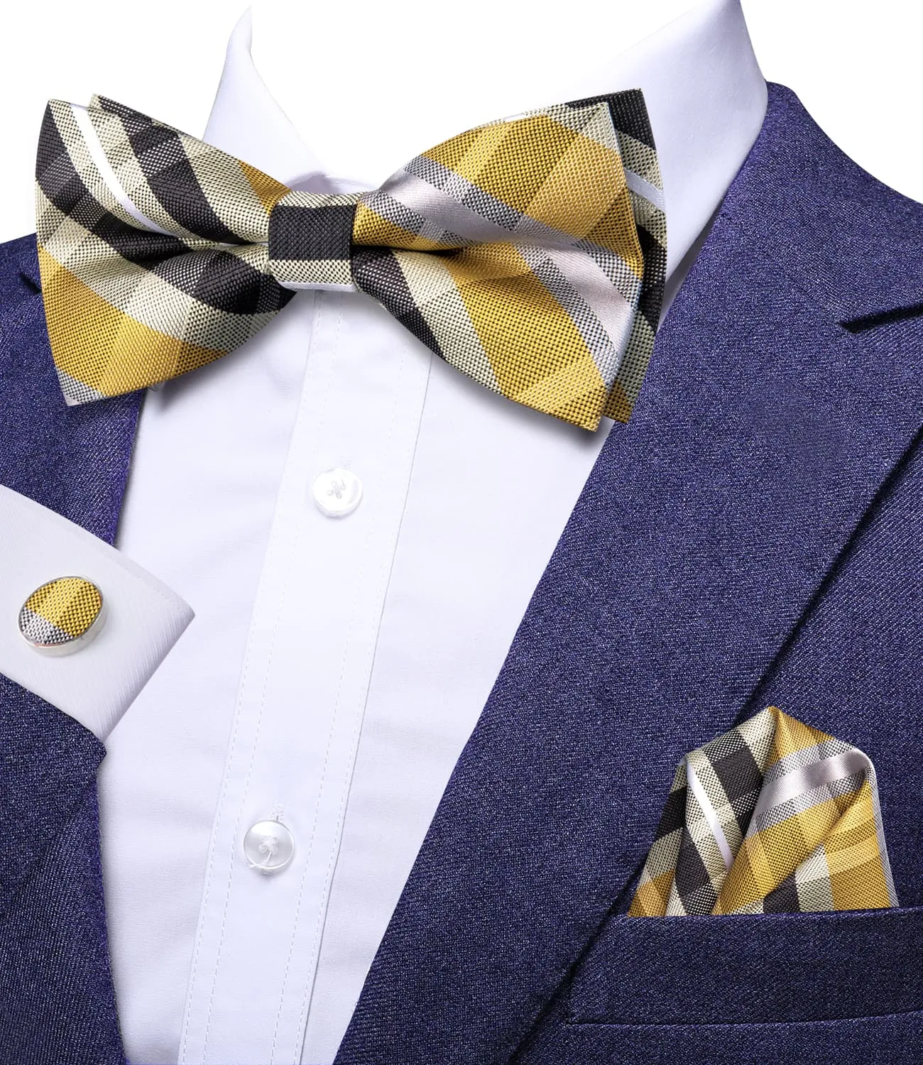 Hi-Tie Yellow Bowtie Black Grey Stripes Bow Tie Hanky Cufflinks Set